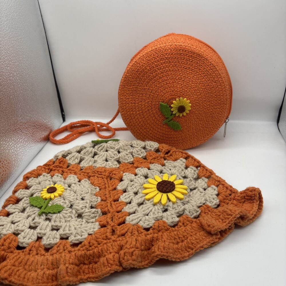 Lot 2 Sunflower Crochet Bucket Hat Orange Straw Cantil Circle Crossbody Bag Set